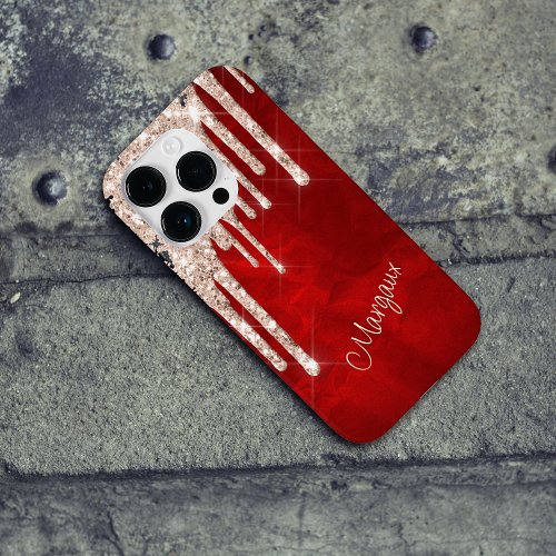 Silver Crimson Glitter Drips on Red Monogram   Case_Mate iPhone 14 Pro Case