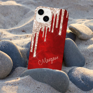 Silver Crimson Glitter Drips on Red Monogram iPhone 14 Case