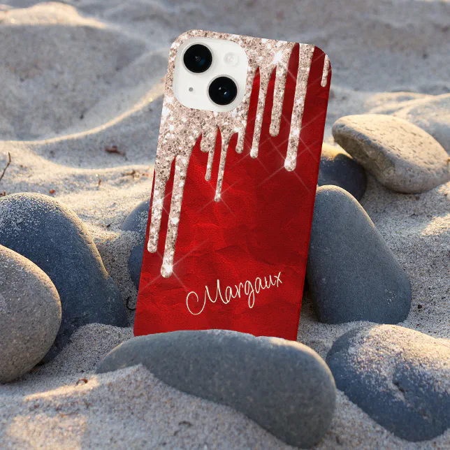 Silver Crimson Glitter Drips on Red Monogram iPhone Case | Zazzle