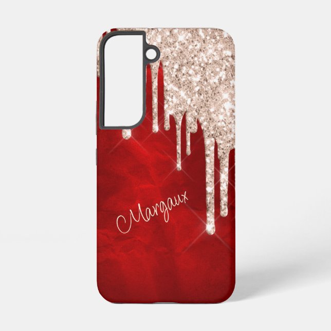 Silver Crimson Glitter Drips on Red Monogram Samsung Galaxy Case (Back)