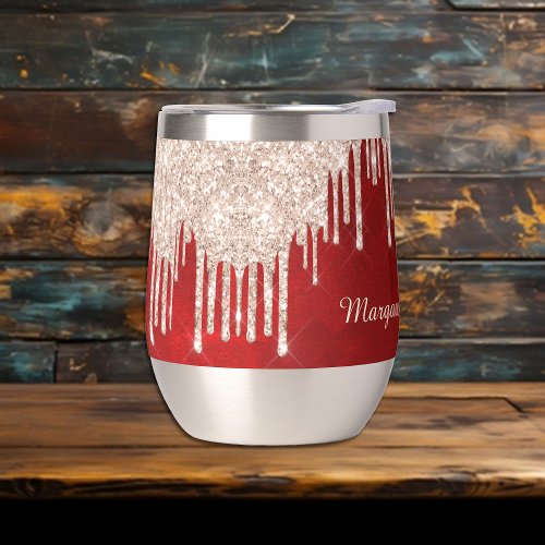 Silver Crimson Red Glitter Drips Monogram  Thermal Wine Tumbler