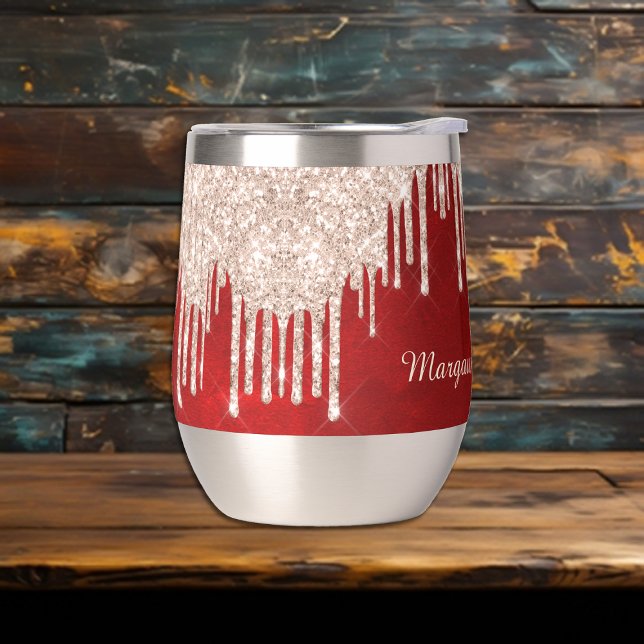 Silver Crimson Red Glitter Drips Monogram  Thermal Wine Tumbler (Creator Uploaded)