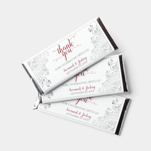 Silver & Crimson Red on White Wedding Thank You Hershey Bar Favors (Front)
