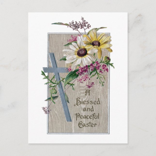 Silver Cross and Daisies Vintage Easter Holiday Postcard (Front)