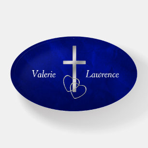 Silver Cross and Hearts on Blue Paperweight