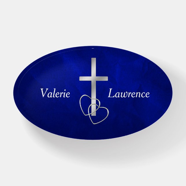 Silver Cross and Hearts on Blue Paperweight (Front)