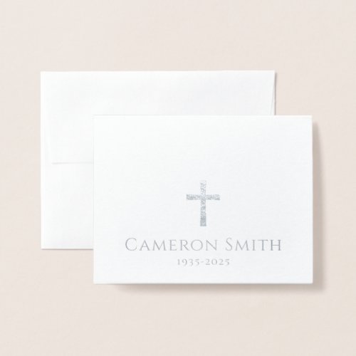 Silver cross and name loss sympathy thank you foil card