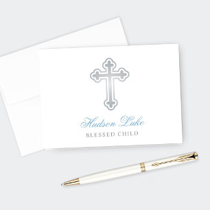 Silver Cross Baby Boy Baptism Blue Blessed Letterpress Thank You Card