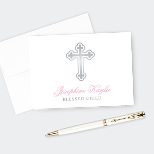 Silver Cross Baby Girl Baptism Pink Personalized Thank You Card