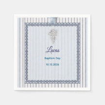 Silver Cross Baptism with Blue Striped Lace paper