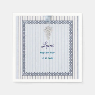 Silver Cross Baptism with Blue Striped Lace paper Napkins