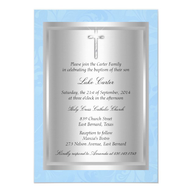 Silver Cross Blue Baptism Christening Invitation