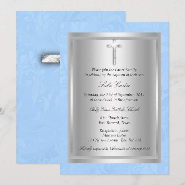 Silver Cross Blue Baptism Christening Invitation (Front/Back)