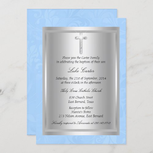 Silver Cross Blue Baptism Christening Invitation