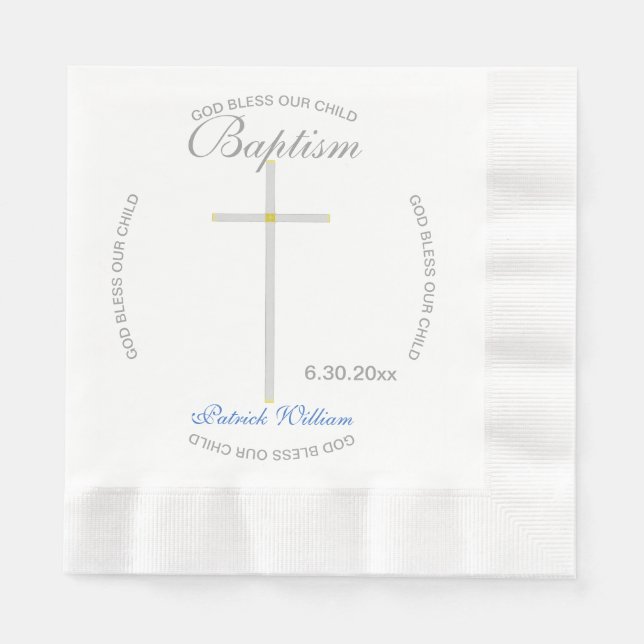 Silver Cross Boy Baptism Blue Napkins (Front)