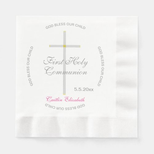 Silver Cross First Holy Communion Pink Name Napkins