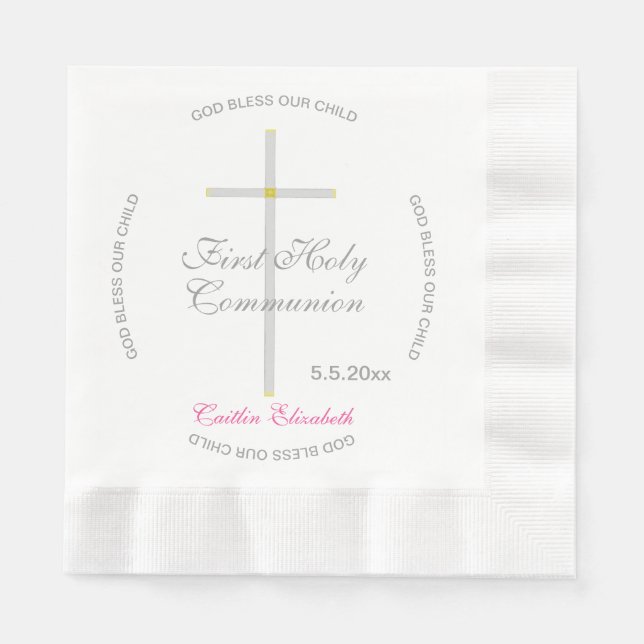 Silver Cross First Holy Communion Pink Name Napkins (Front)