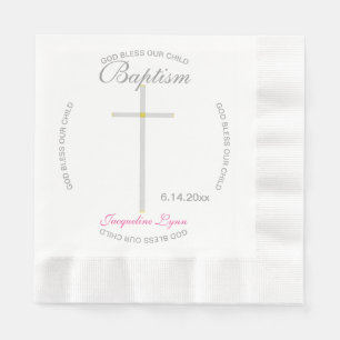 Silver Cross Girl Baptism Pink Napkins