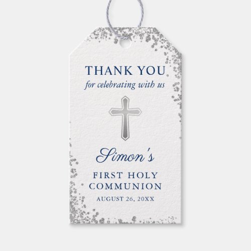 Silver Cross Glitter Navy Blue First Communion Gift Tags