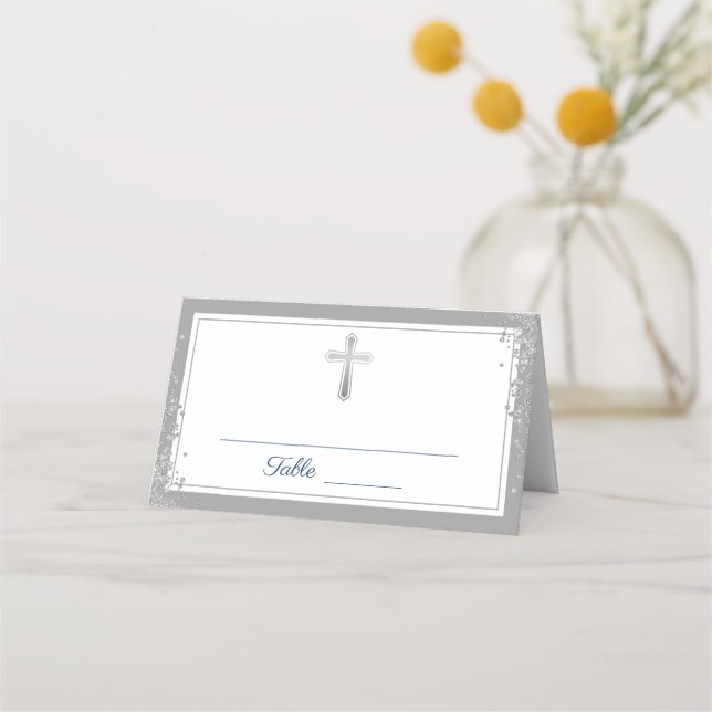 Silver Cross Glitter Navy Blue First Communion Place Card (Front)