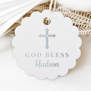 Silver Cross God Bless Baby Baptism Foil Favor Tags