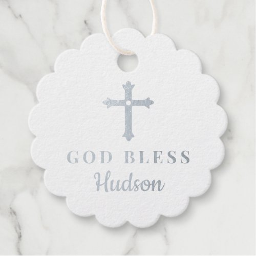 Silver Cross God Bless Baby Religious Baptism Foil Favor Tags