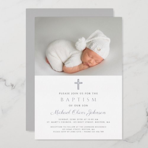 Silver Cross Gray Boy Photo Baptism Foil Invitation