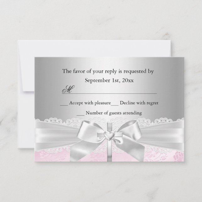 Silver Cross & Lace Bow Baptism/Christening RSVP (Front)