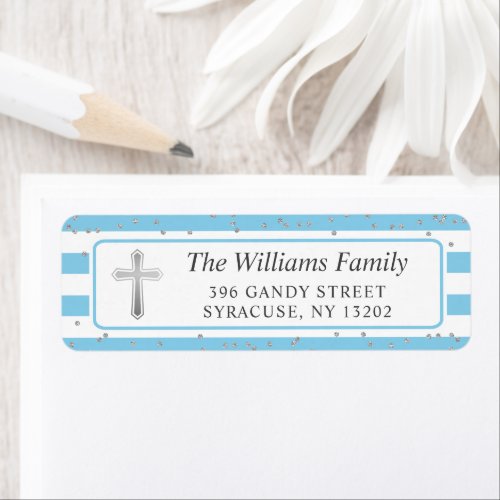 Silver Cross Light Blue Stripes Return Address Label