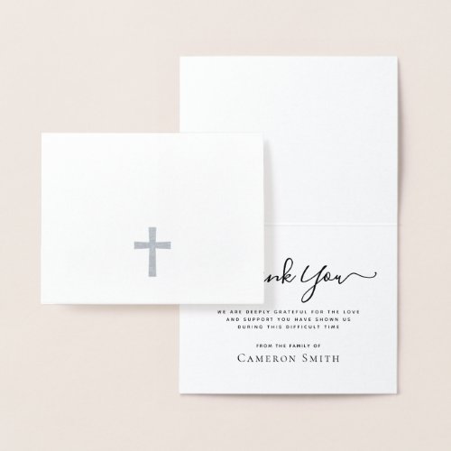Silver cross loss sympathy thank you notecard foil card