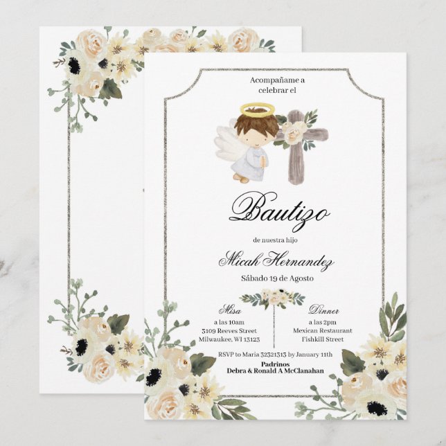 Silver Cross Mi Bautizo Floral Invitacion Invitation (Front/Back)