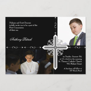 Silver Cross on Black Photo Communion Invitation