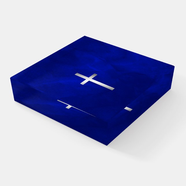 Silver Cross on Gradient Blue Paperweight (Angled)