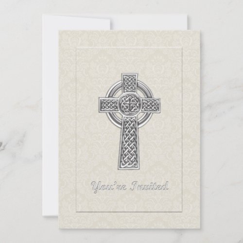Silver Cross on Ivory Damask You're Invited
