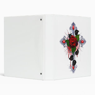 Silver Cross with a Red Rose 3 Ring Binder