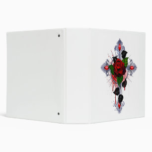 Silver Cross with a Red Rose 3 Ring Binder