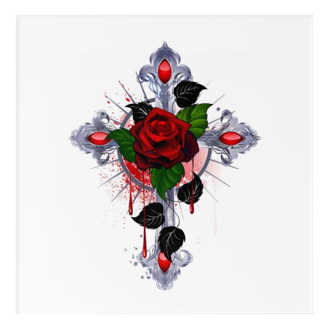 Silver Cross with a Red Rose Acrylic Print (Front)