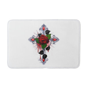 Silver Cross with a Red Rose Bath Mat