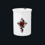 Silver Cross with a Red Rose Beverage Pitcher<br><div class="desc">Silver cross with a red rose and black leaves on a white background.</div>