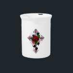 Silver Cross with a Red Rose Beverage Pitcher<br><div class="desc">Silver cross with a red rose and black leaves on a white background.</div>