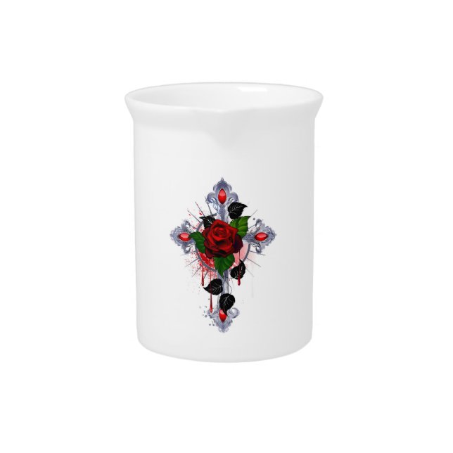 Silver Cross with a Red Rose Beverage Pitcher (Front)