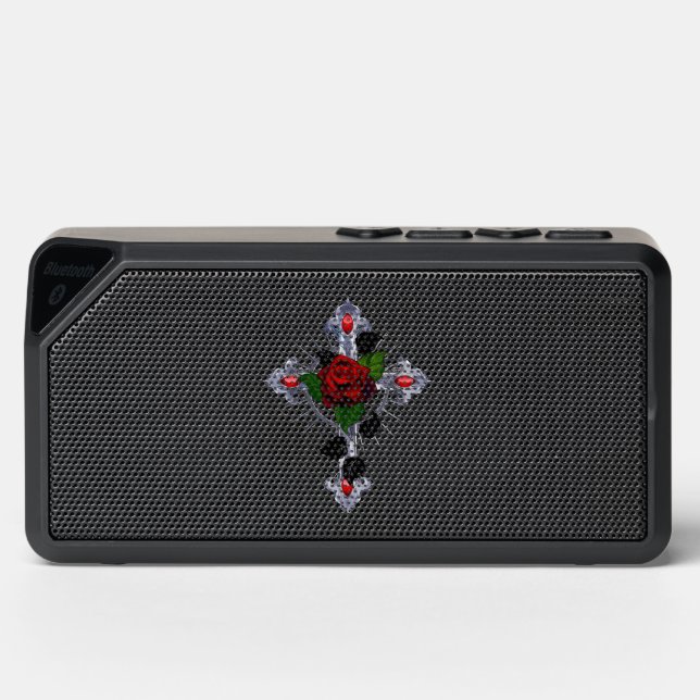 Silver Cross with a Red Rose Bluetooth Speaker (Front)