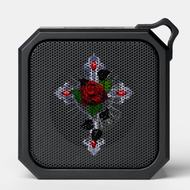 Silver Cross with a Red Rose Bluetooth Speaker (Front)