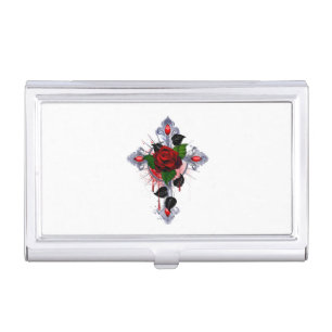 Silver Cross with a Red Rose Business Card Case