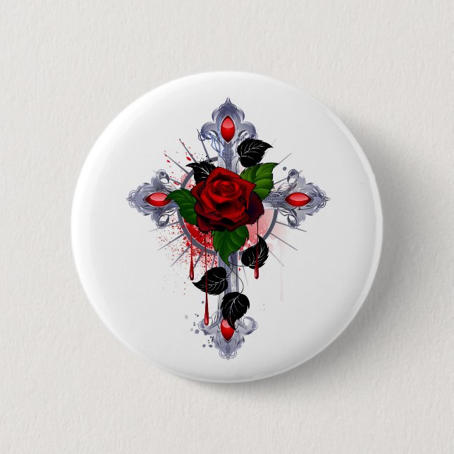 Silver Cross with a Red Rose Button (Front)