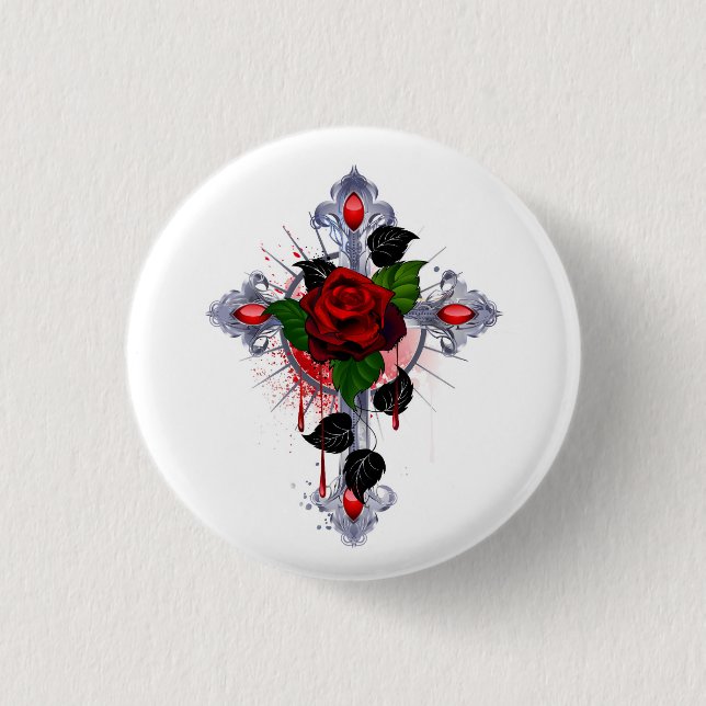 Silver Cross with a Red Rose Button (Front)