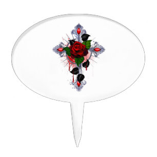 Silver Cross with a Red Rose Cake Topper