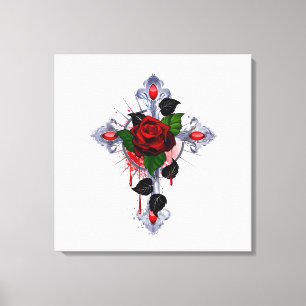 Silver Cross with a Red Rose Canvas Print