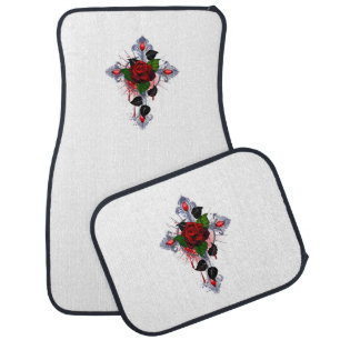 Silver Cross with a Red Rose Car Floor Mat