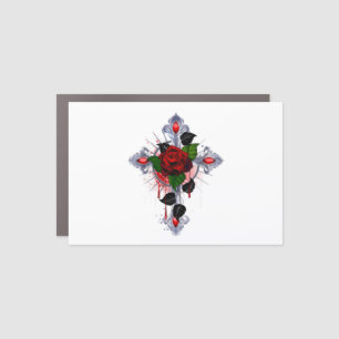 Silver Cross with a Red Rose Car Magnet